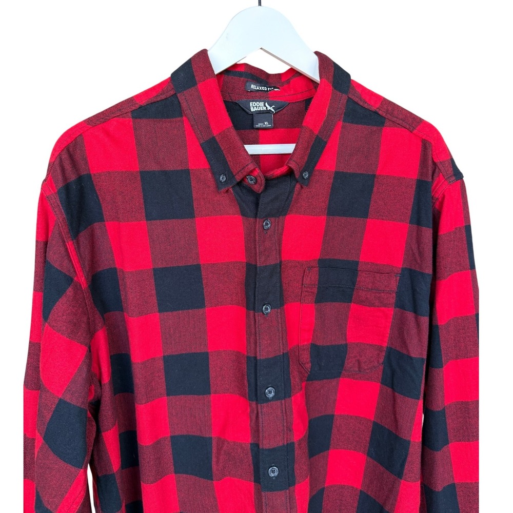 Eddie Bauer Mens XL Red Black‎ Buffalo Plaid Flannel Shirt Cotton Ranch Academia